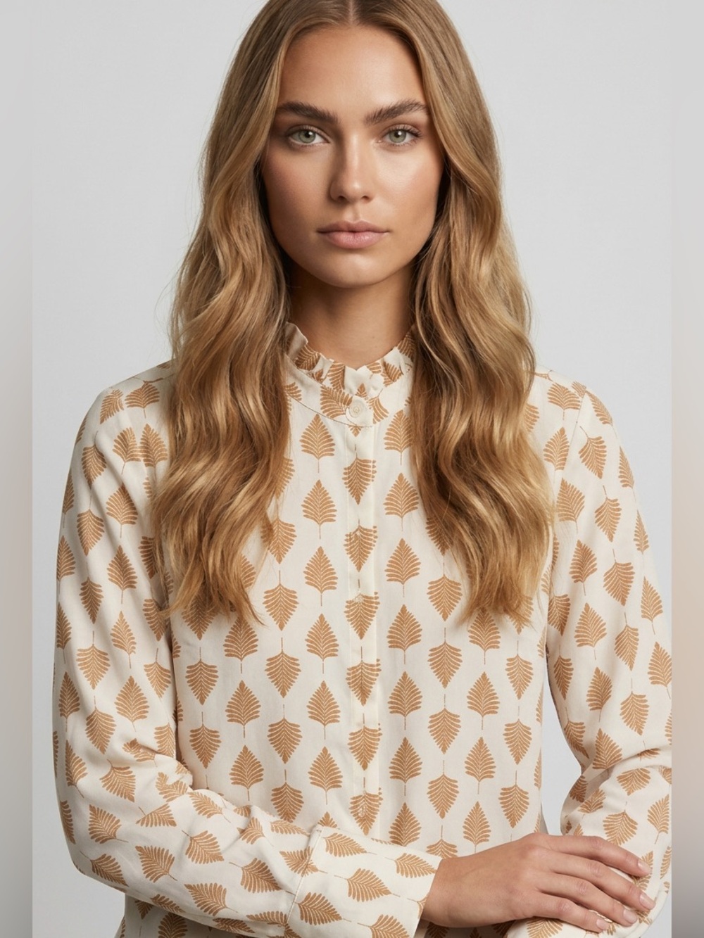 Ann Taylor Cream Blouse with Tan Leaf Print